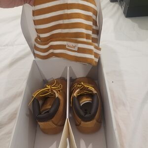 Timberland Tan Baby Boots with Striped Hat
